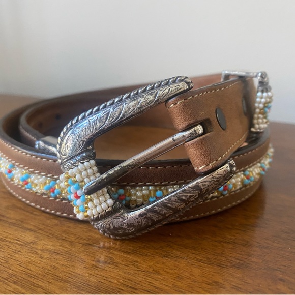 Tony Lama Accessories - Women’s Tony Lama Beaded Leather Belt Blue Brown Size 30